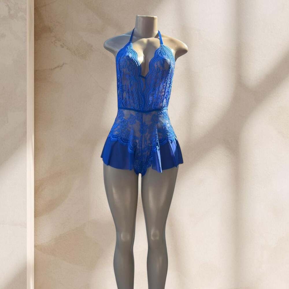 Blue Lace Bodysuit Lingerie β Halter Deep V Sheer Ruffle Detail Sexy β§ L - Picture 2 of 4